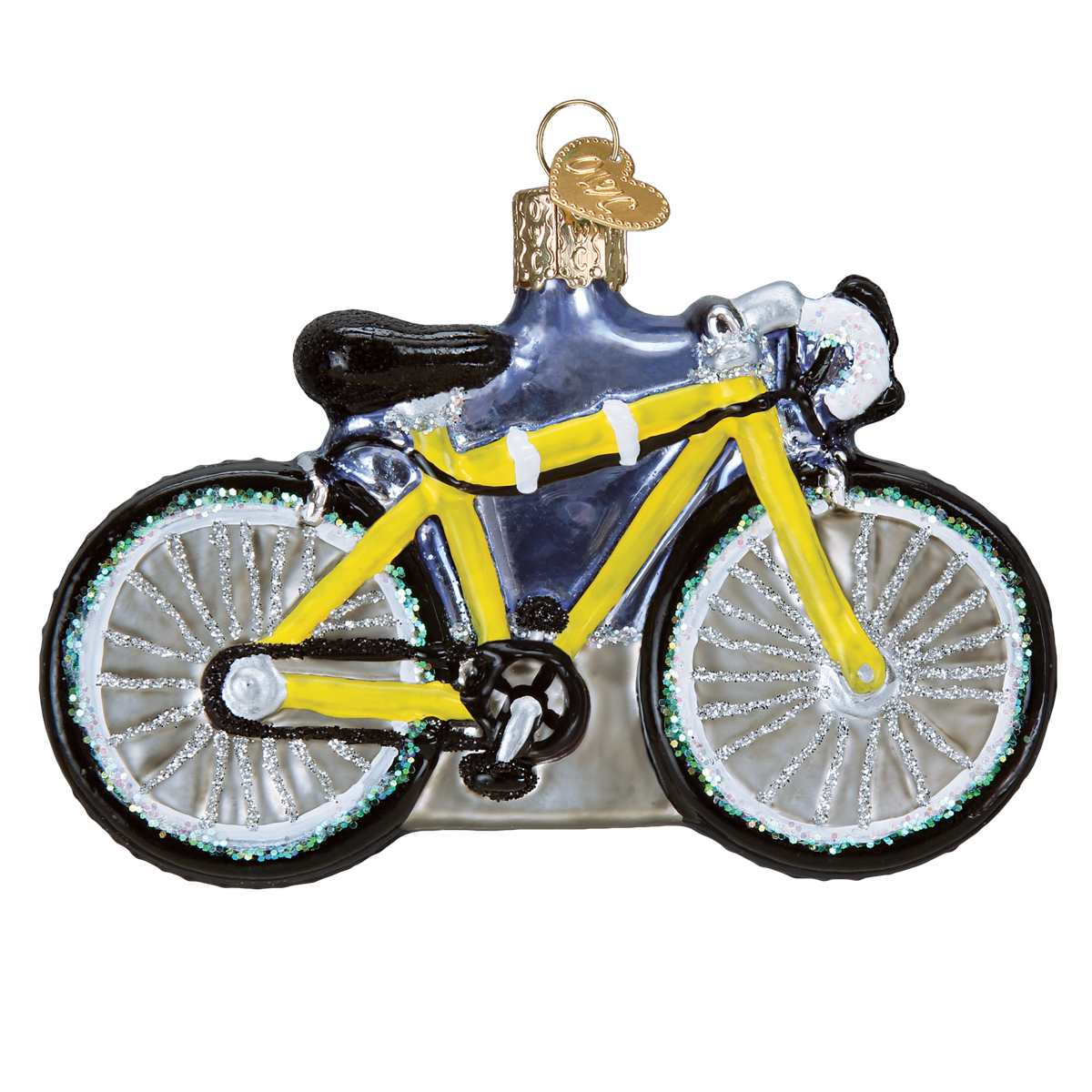 Glass bicycle ornament with yellow frame and black tires on a white background