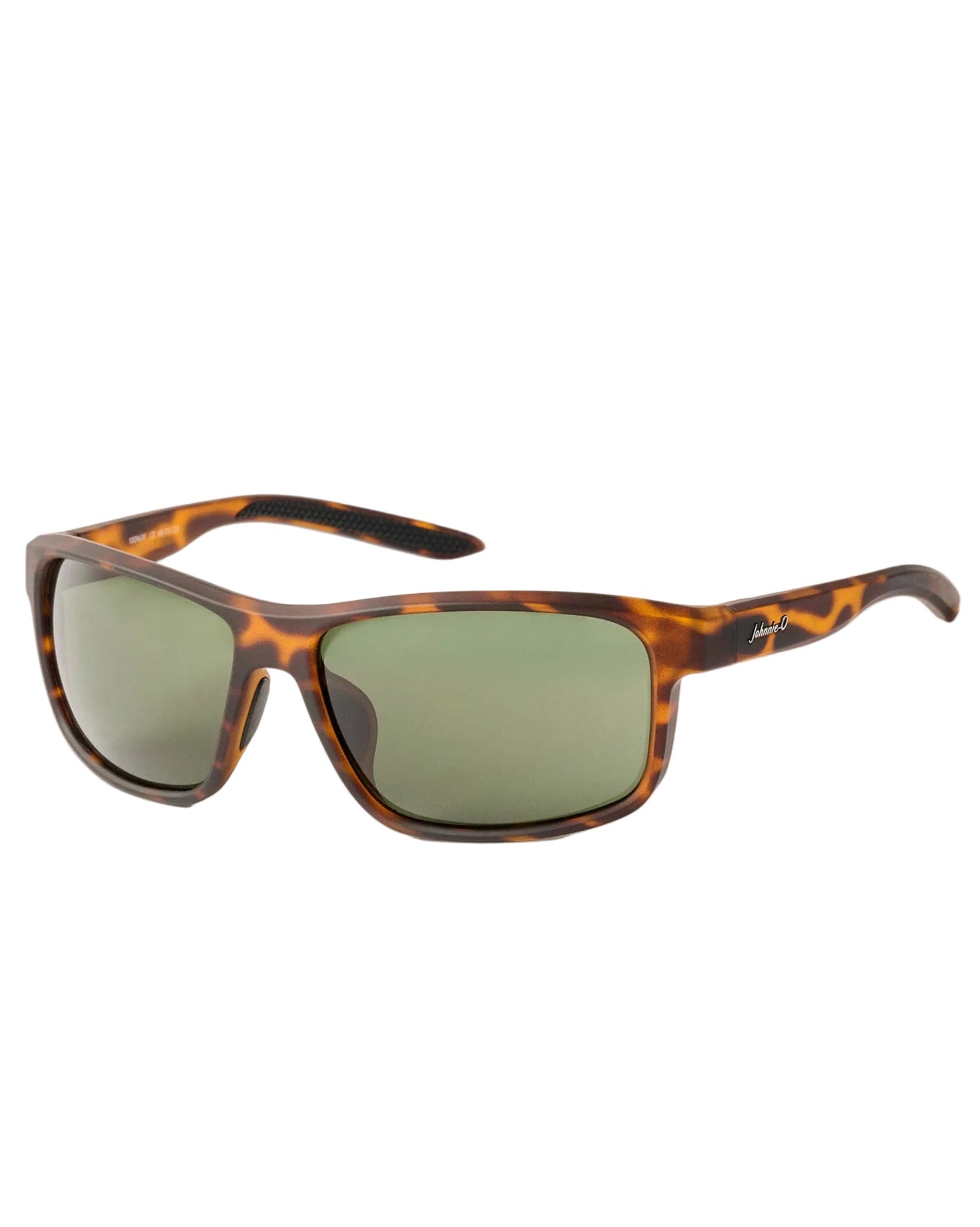 Sunglasses with tortoiseshell frame and green lenses on a beige background