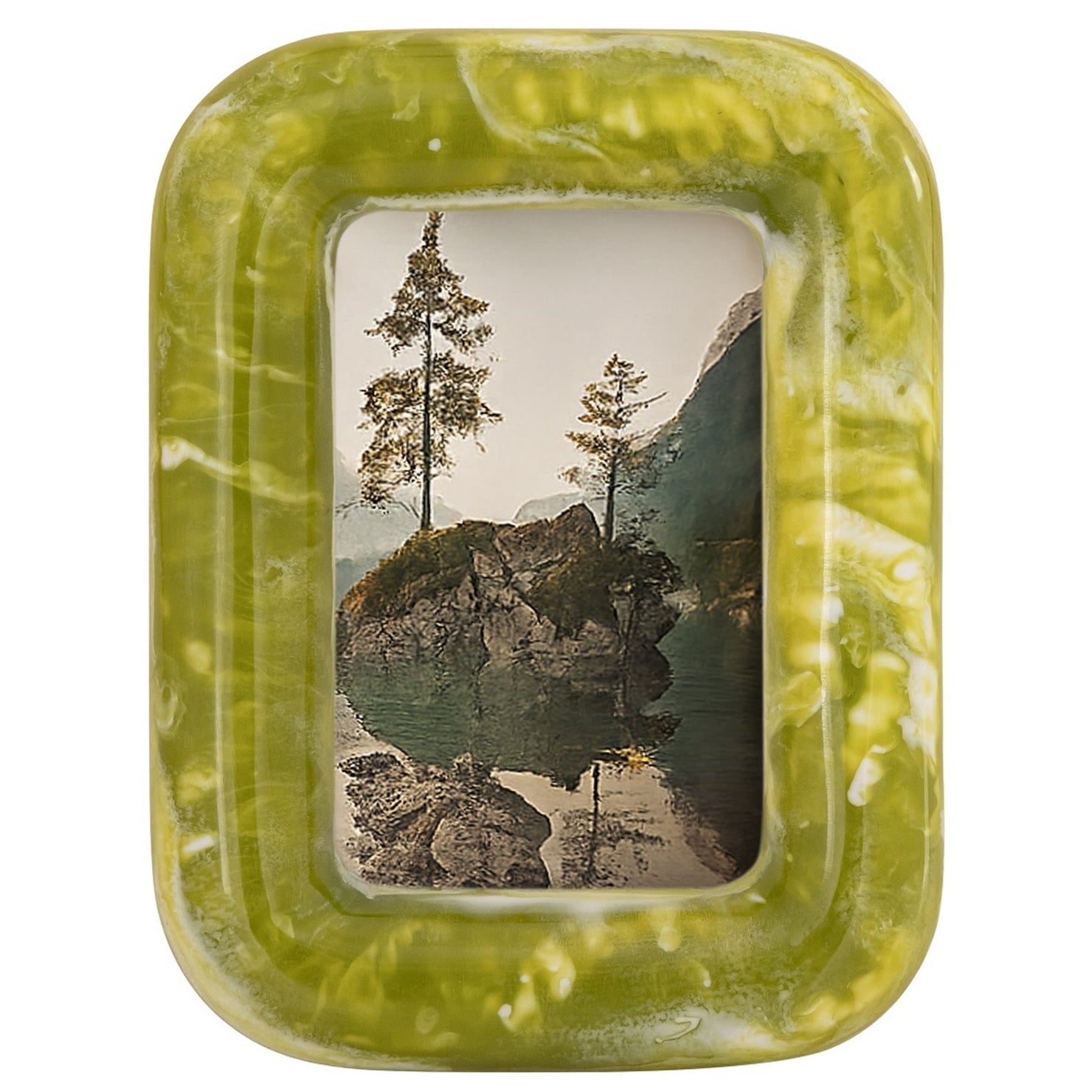 Rectangular green marbled frame with a scenic landscape inside on a white background