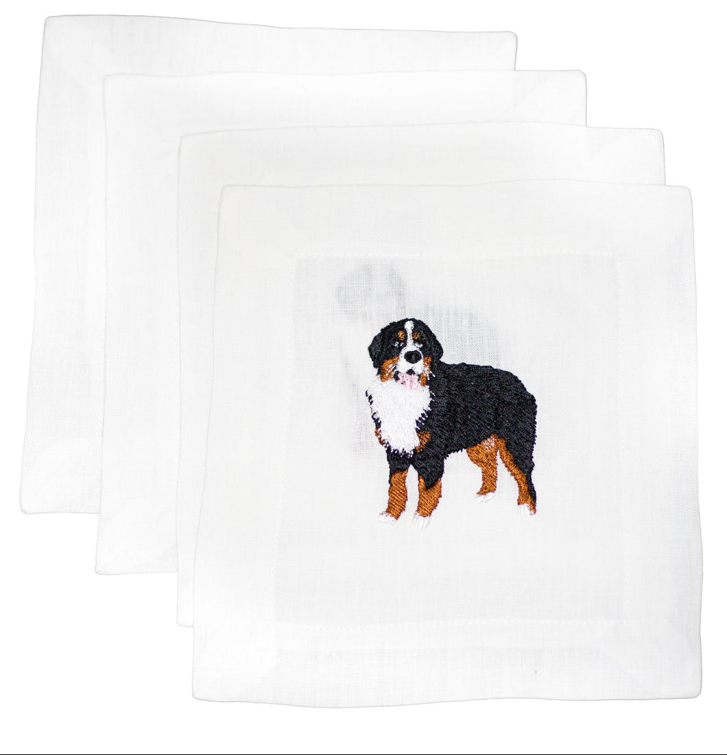 Set of three white towels with embroidered Bernese Mountain Dog on a white background