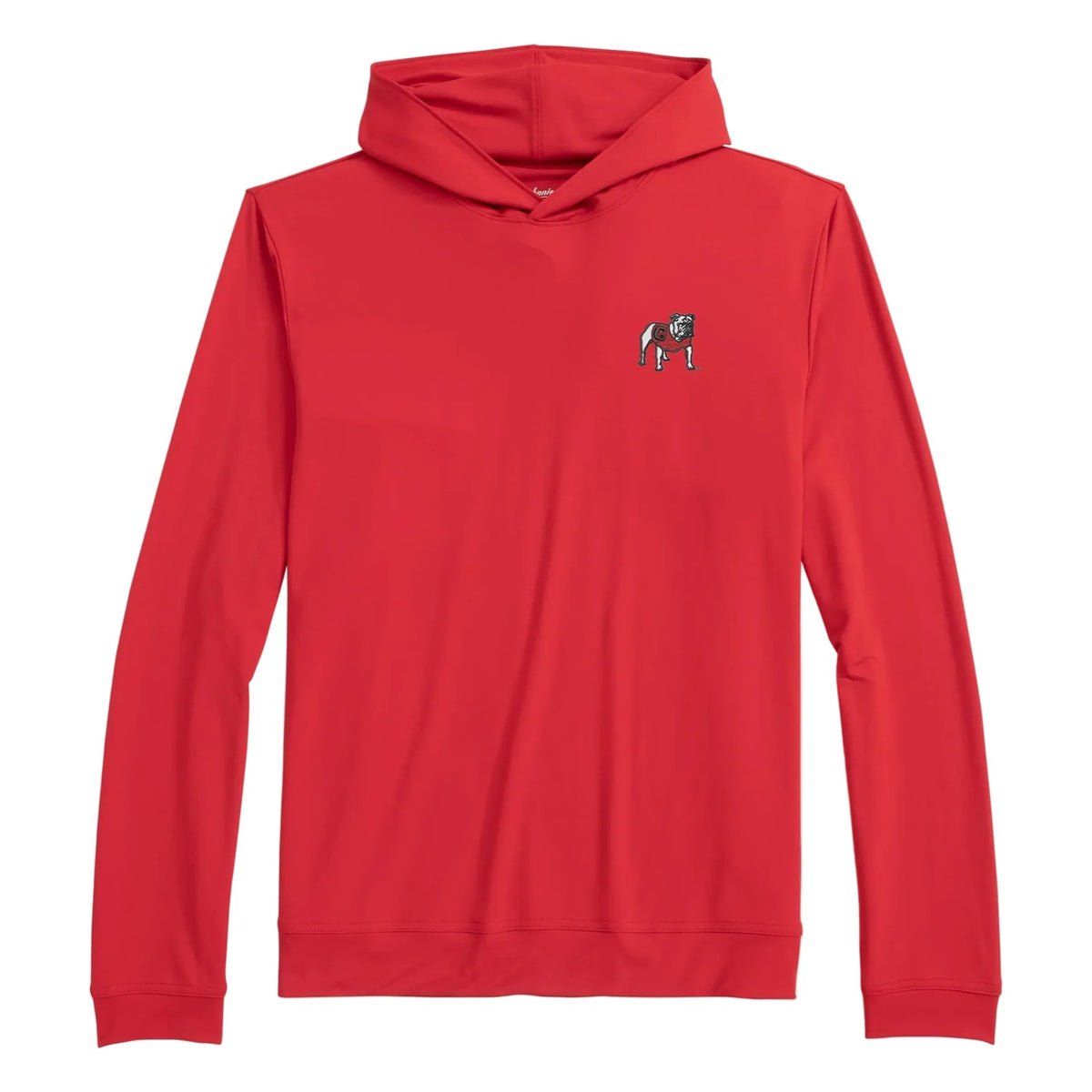 Red hoodie with a small graphic on the chest against a light gray background