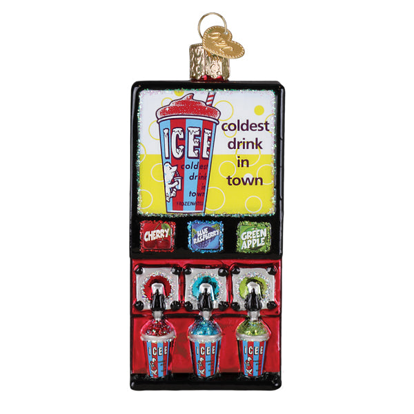 Decorative Icee drink machine ornament with colorful design on a white background