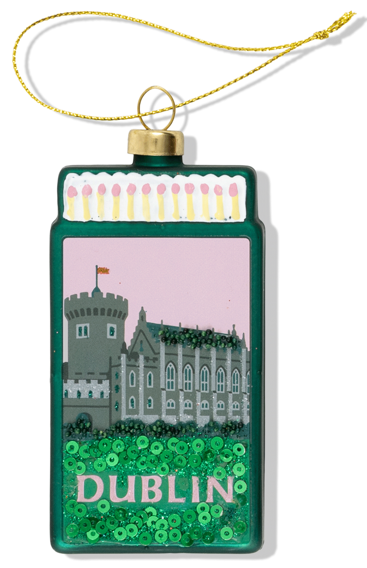 Decorative ornament with a castle illustration and 'Dublin' text on a green background.