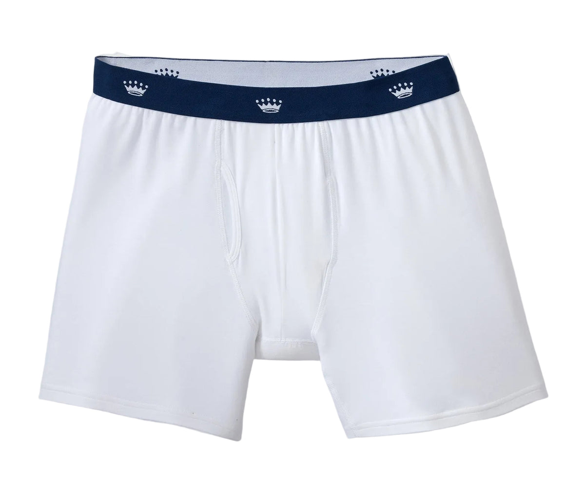 White boxer briefs with a navy blue elastic waistband featuring small white crown logos, displayed against a light gray background.