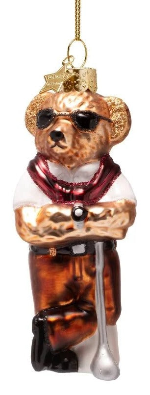 Glass Bear in Golf Clothes Ornament