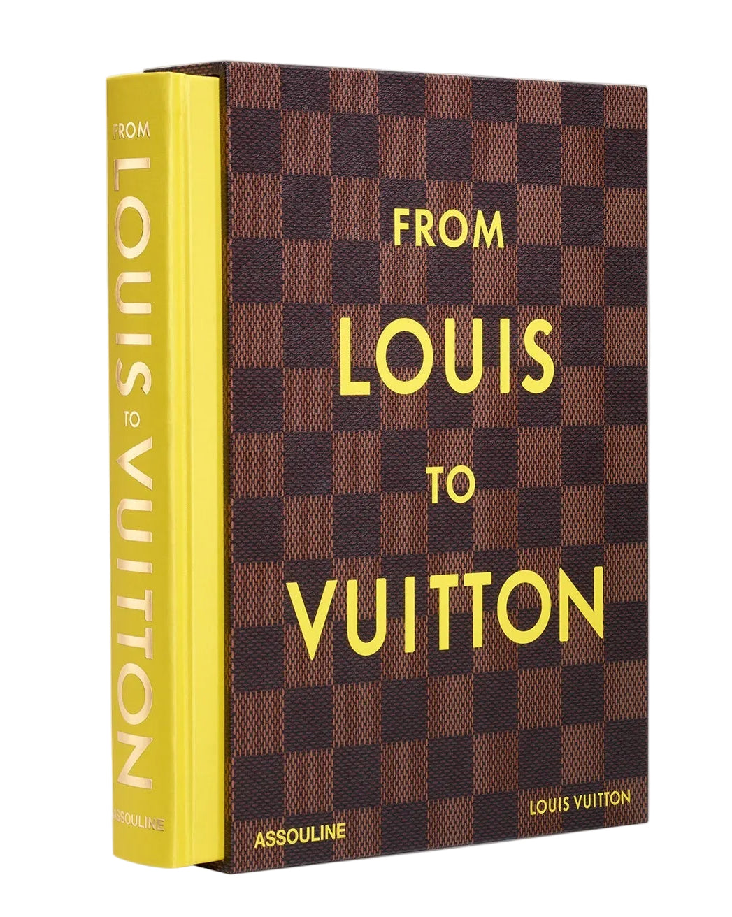 Book titled 'From Louis to Louis Vuitton' with checkered design and yellow text on a white background