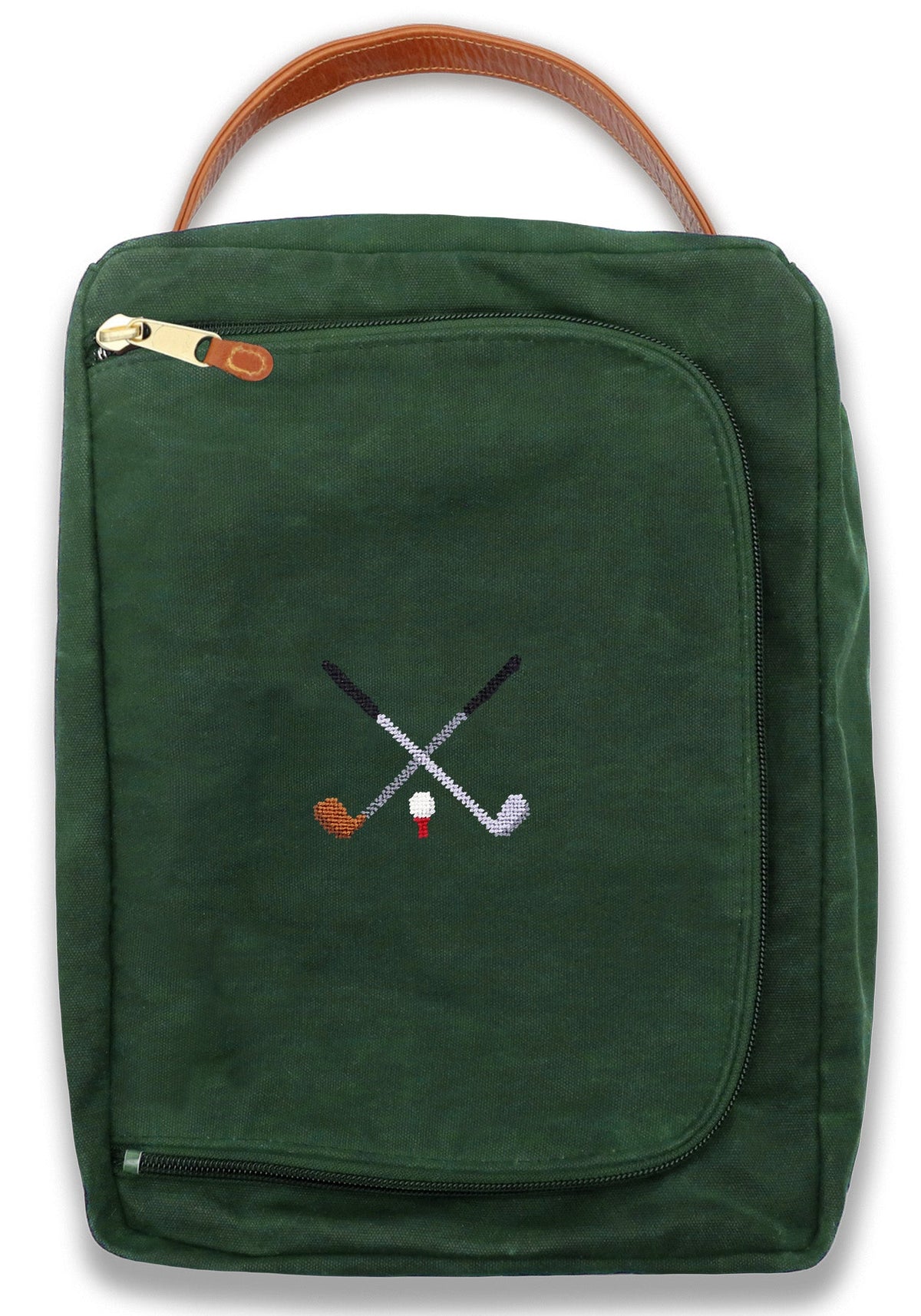 Green bag with embroidered golf clubs and ball on a white background