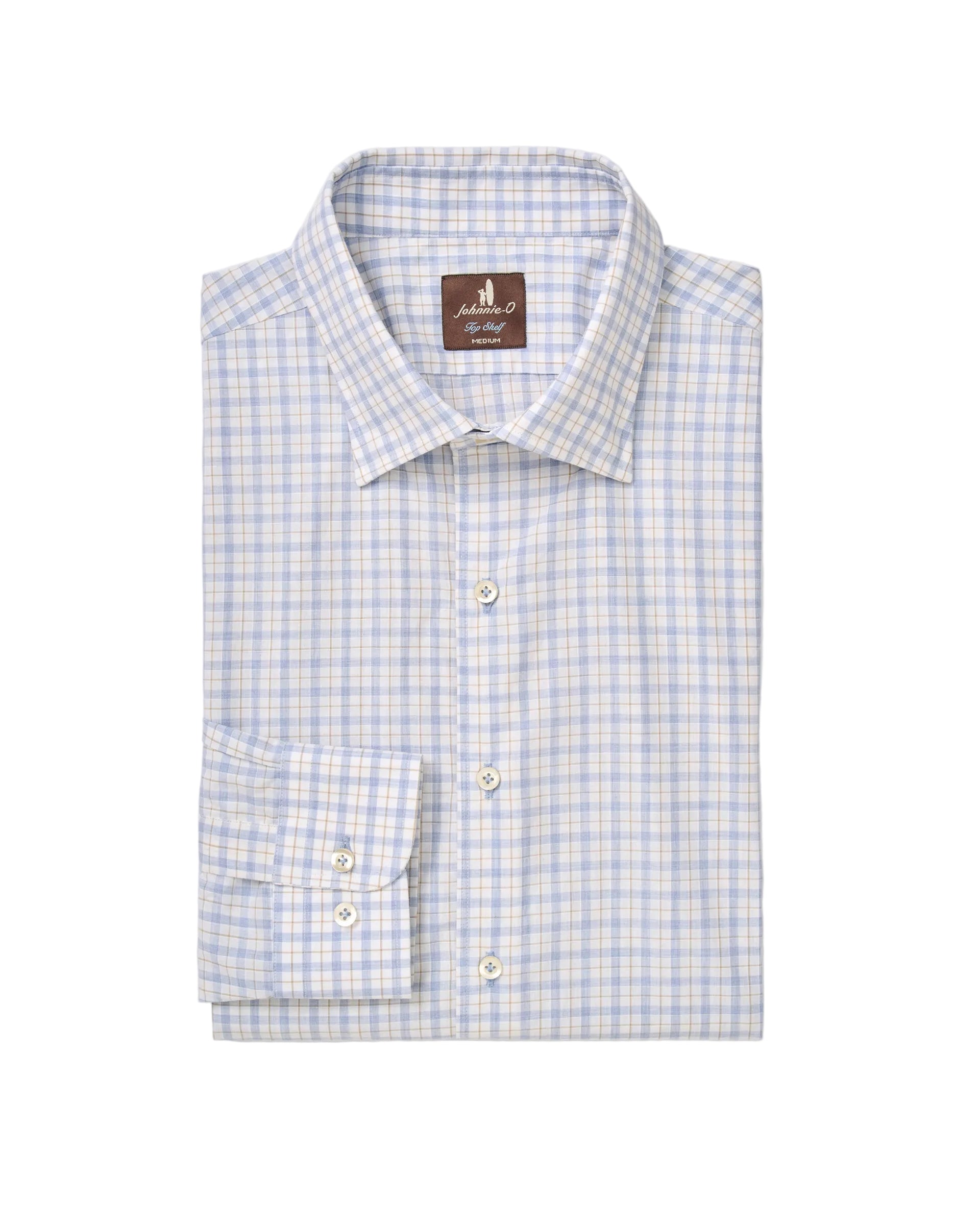 Blue and white checkered dress shirt on a light gray background