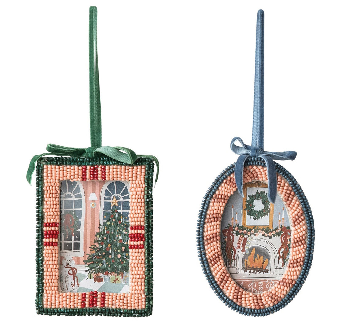 Two Christmas-themed decorative ornaments on a white background