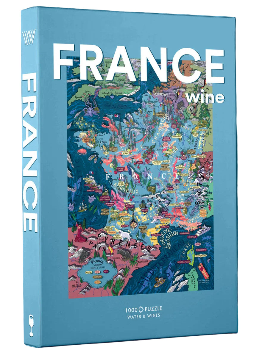 Puzzle box with a colorful map of France on a blue background