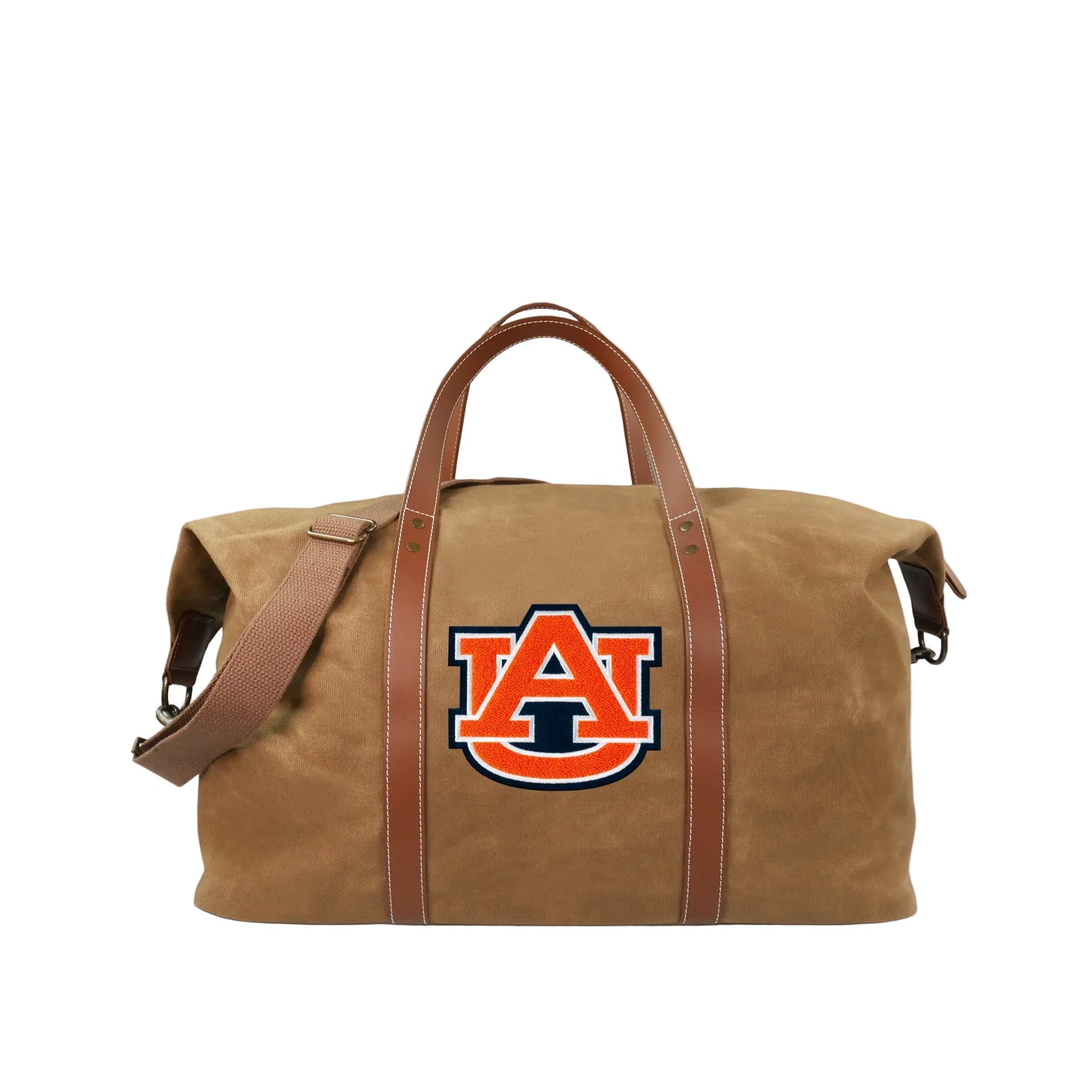 Brown duffel bag with Auburn logo on a light gray background