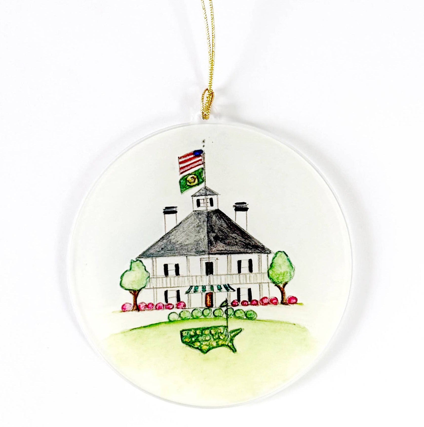Decorative ornament with a house and flag design on a white background