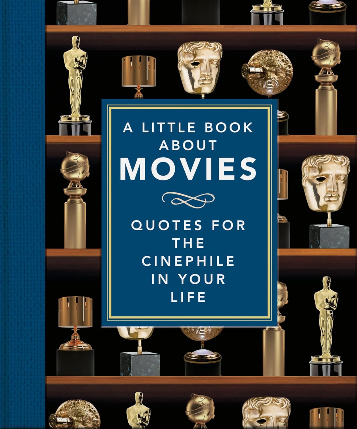 Book titled 'A Little Book About Movies' with movie awards on a shelf background