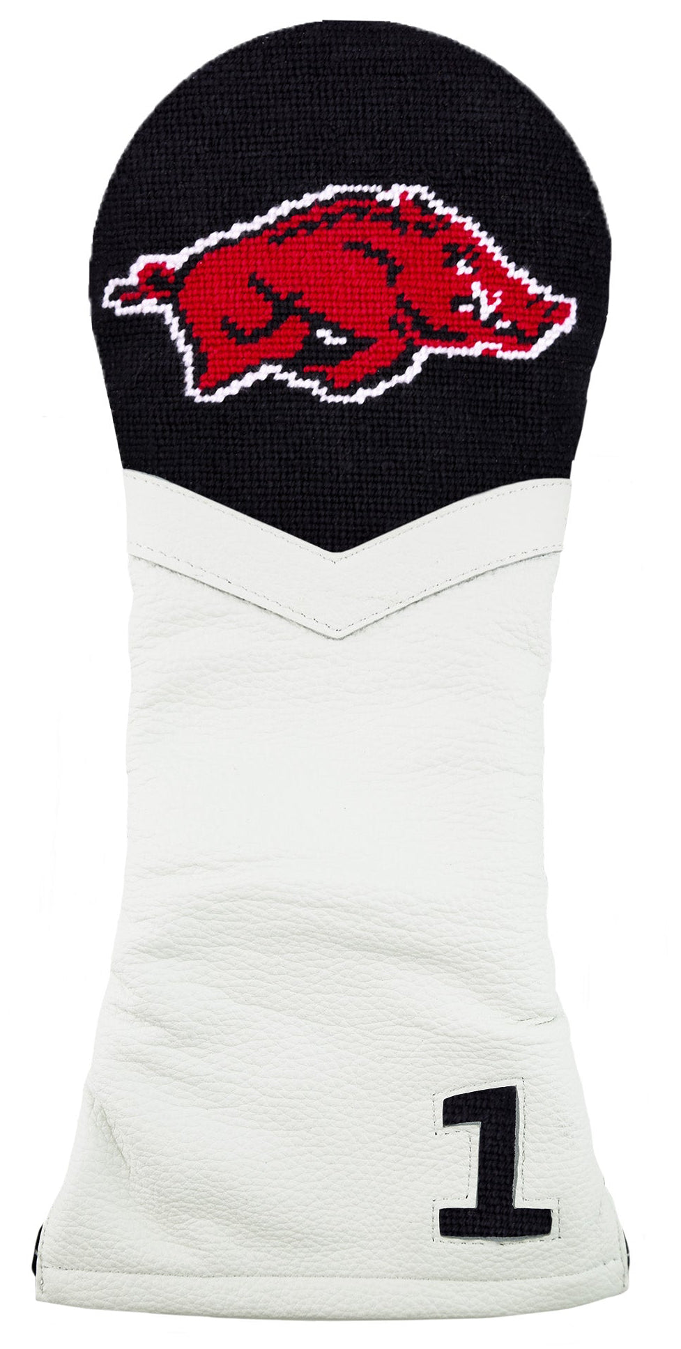 A white and black golf club headcover featuring the red Arkansas Razorbacks logo on the black top section and a black number 1 on the white lower section.