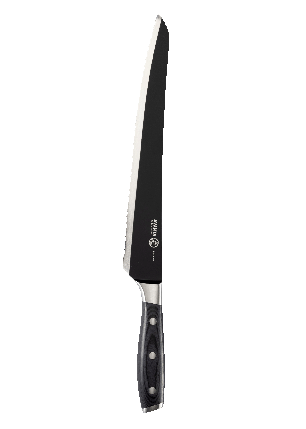 Black kitchen knife with a silver blade on a white background