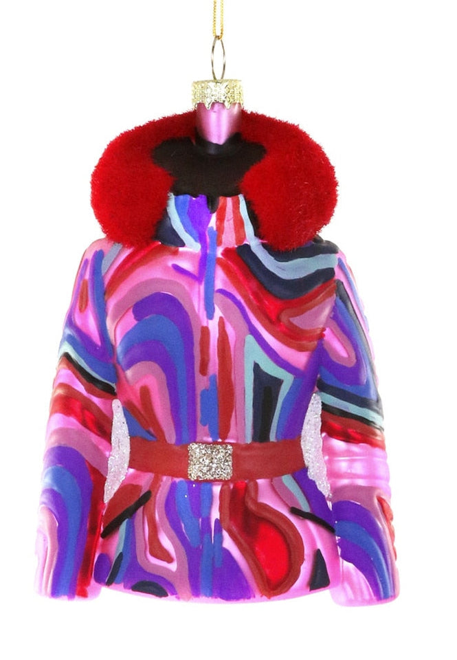 Colorful jacket with red fur hood ornament on a white background