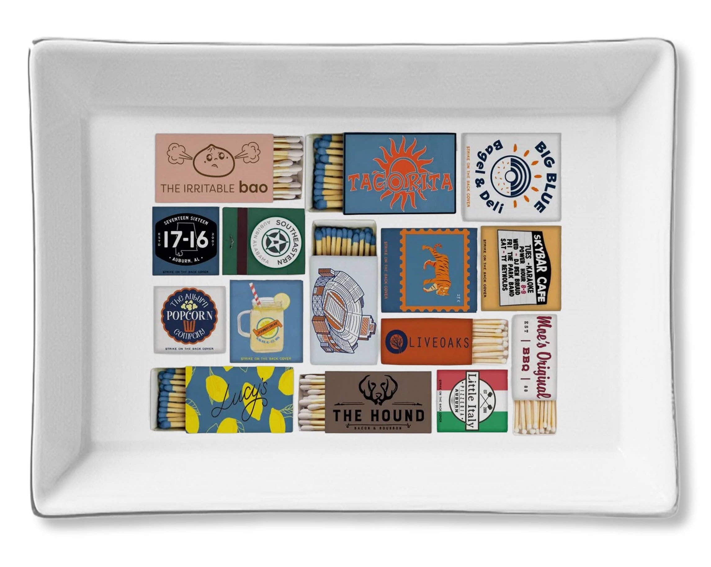 White tray with matchbox designs on a white background