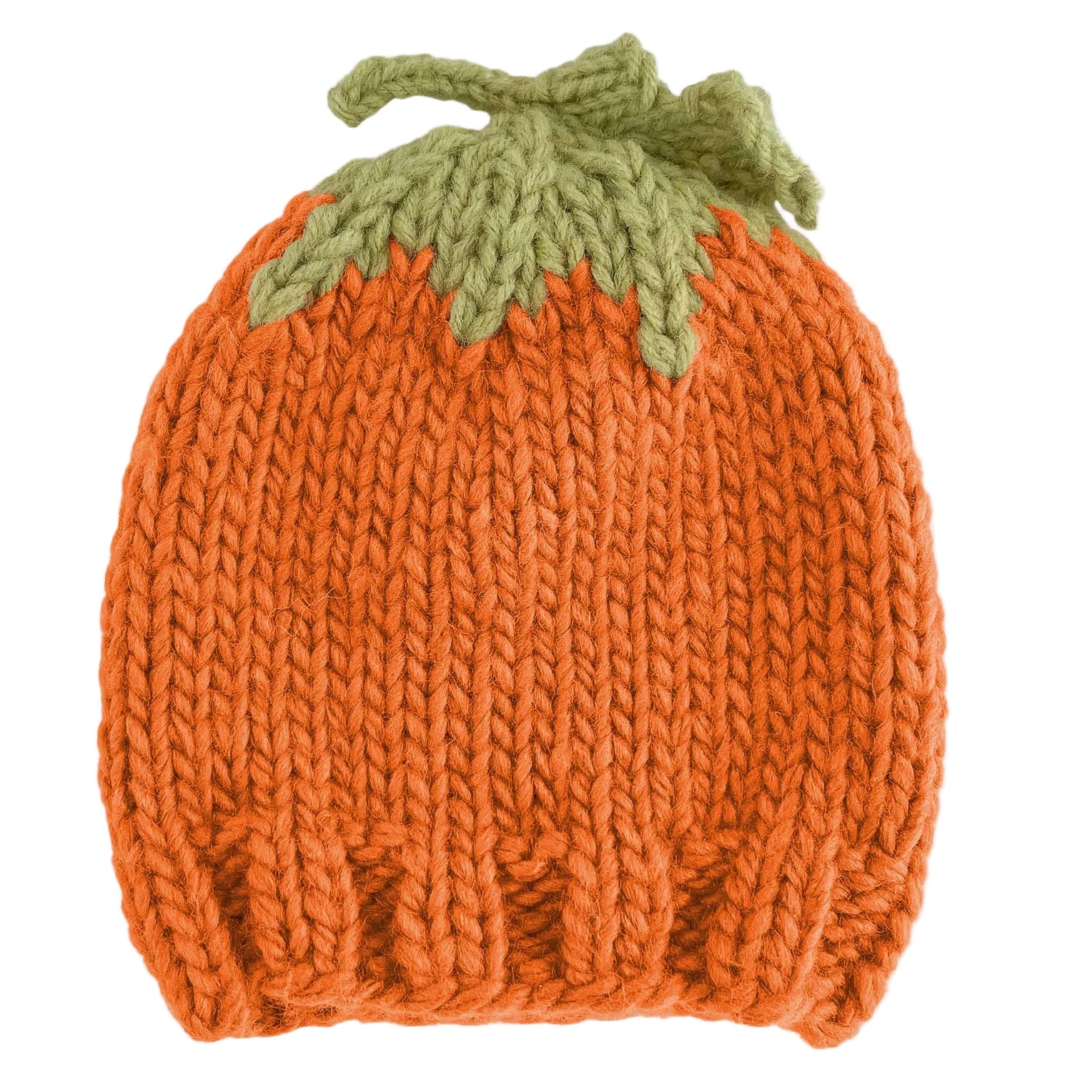 Knitted pumpkin hat with green stem on a white background