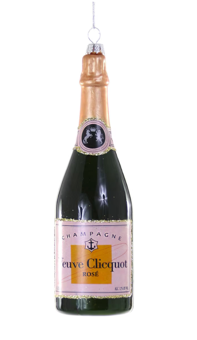 A hanging ornament shaped like a champagne bottle, featuring a dark green glass body, a gold foil neck, and a pink and gold label reading 'Champagne Peuge Clicquot Rose'.