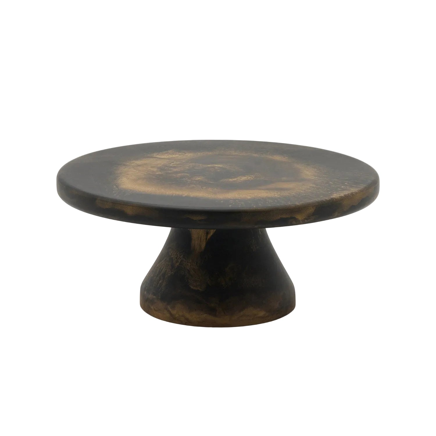 Round wooden stool with a textured surface on a white background