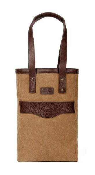 Brown tote bag with leather accents on a white background