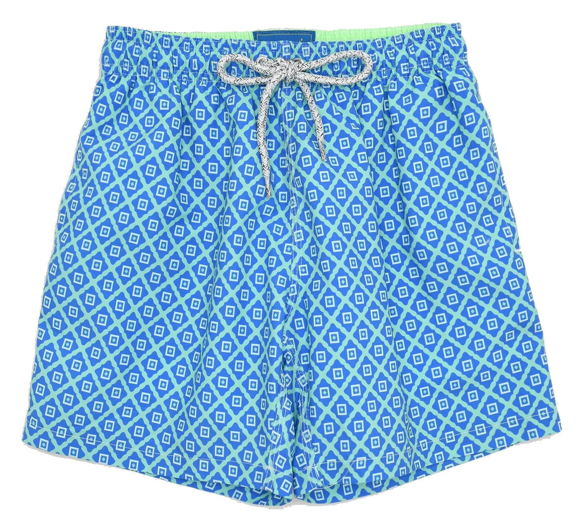 Blue patterned shorts with a drawstring on a white background