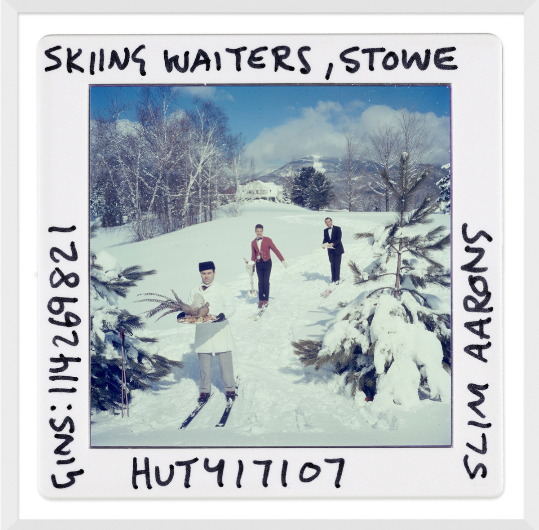 "Skiing Waiters - Slide" by Slim Aarons, January 1, 1962 - Stowe, Vermont