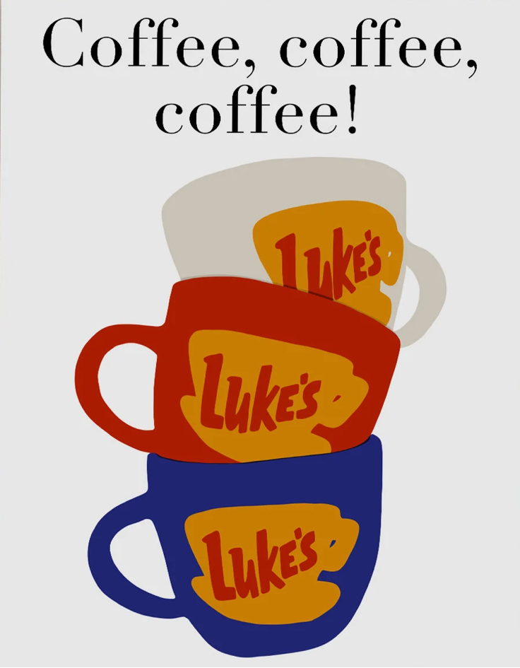 Card with coffee cups and 'Coffee, coffee, coffee!' text on a plain background