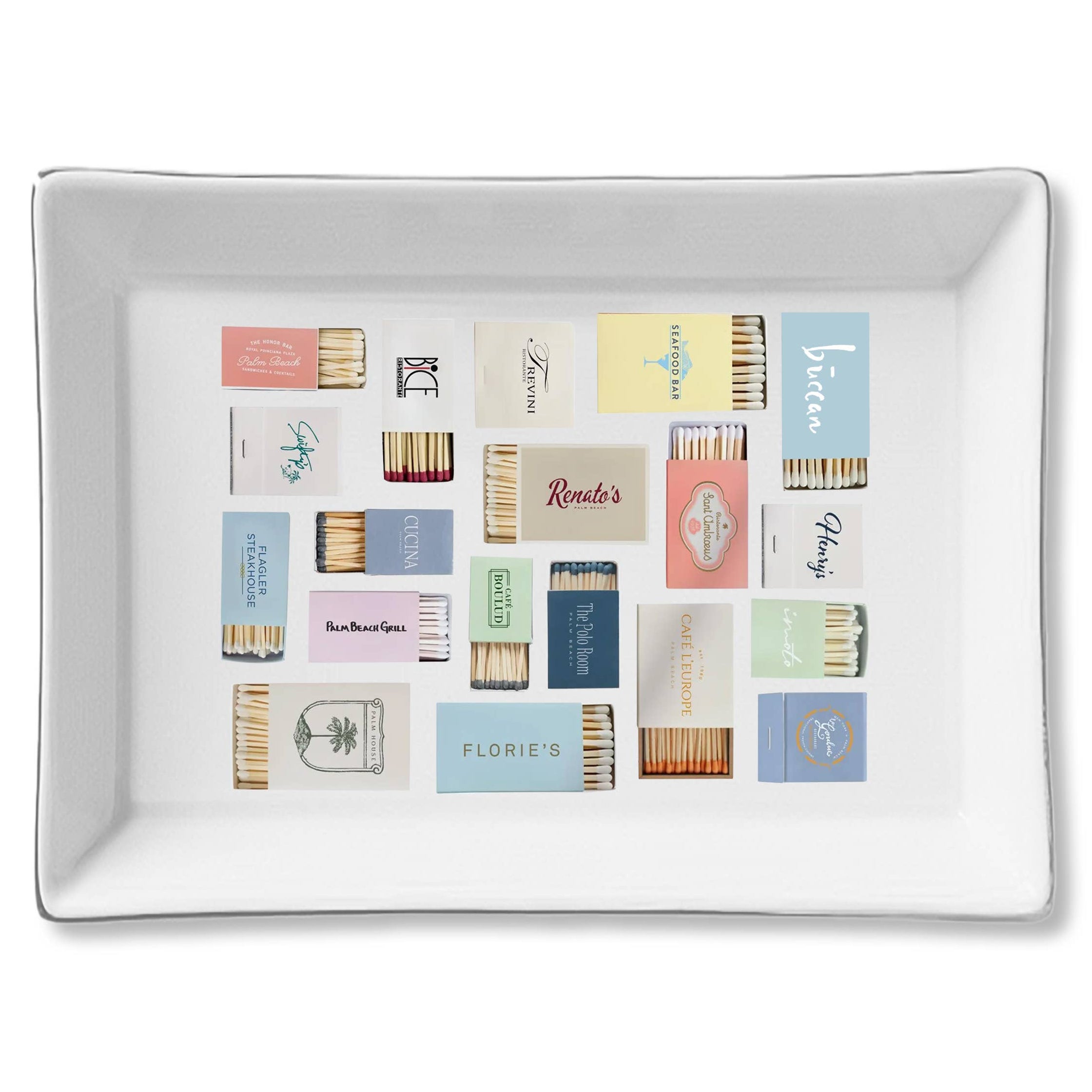 Decorative tray with matchbook design on a white background