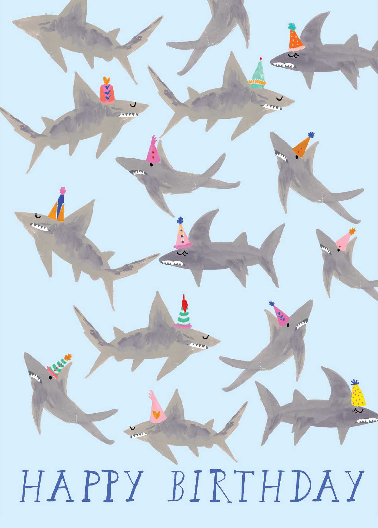 Birthday card with shark illustrations and 'Happy Birthday' text on a light blue background