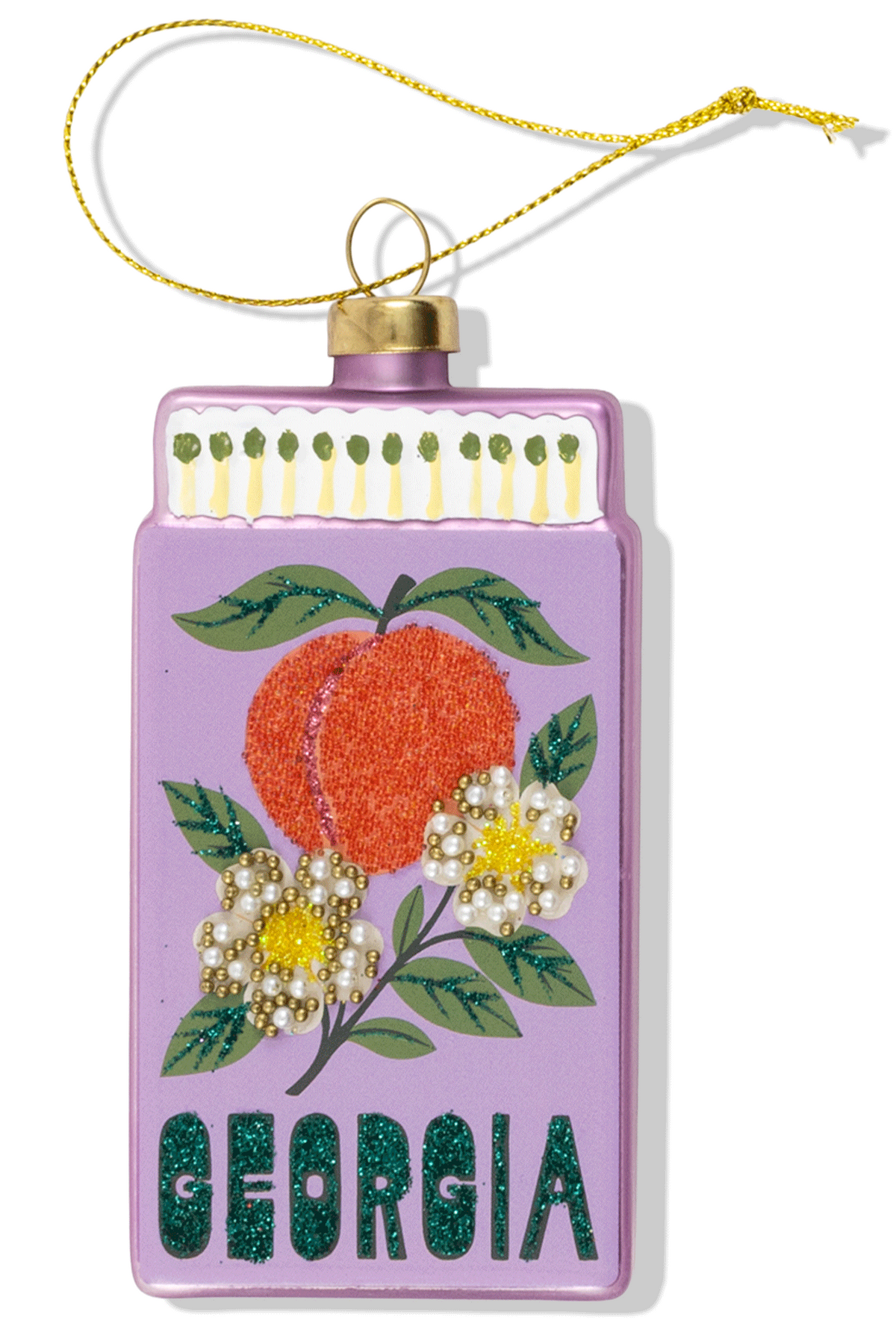 Decorative ornament with peaches and flowers on a purple background, featuring the word 'Georgia'.