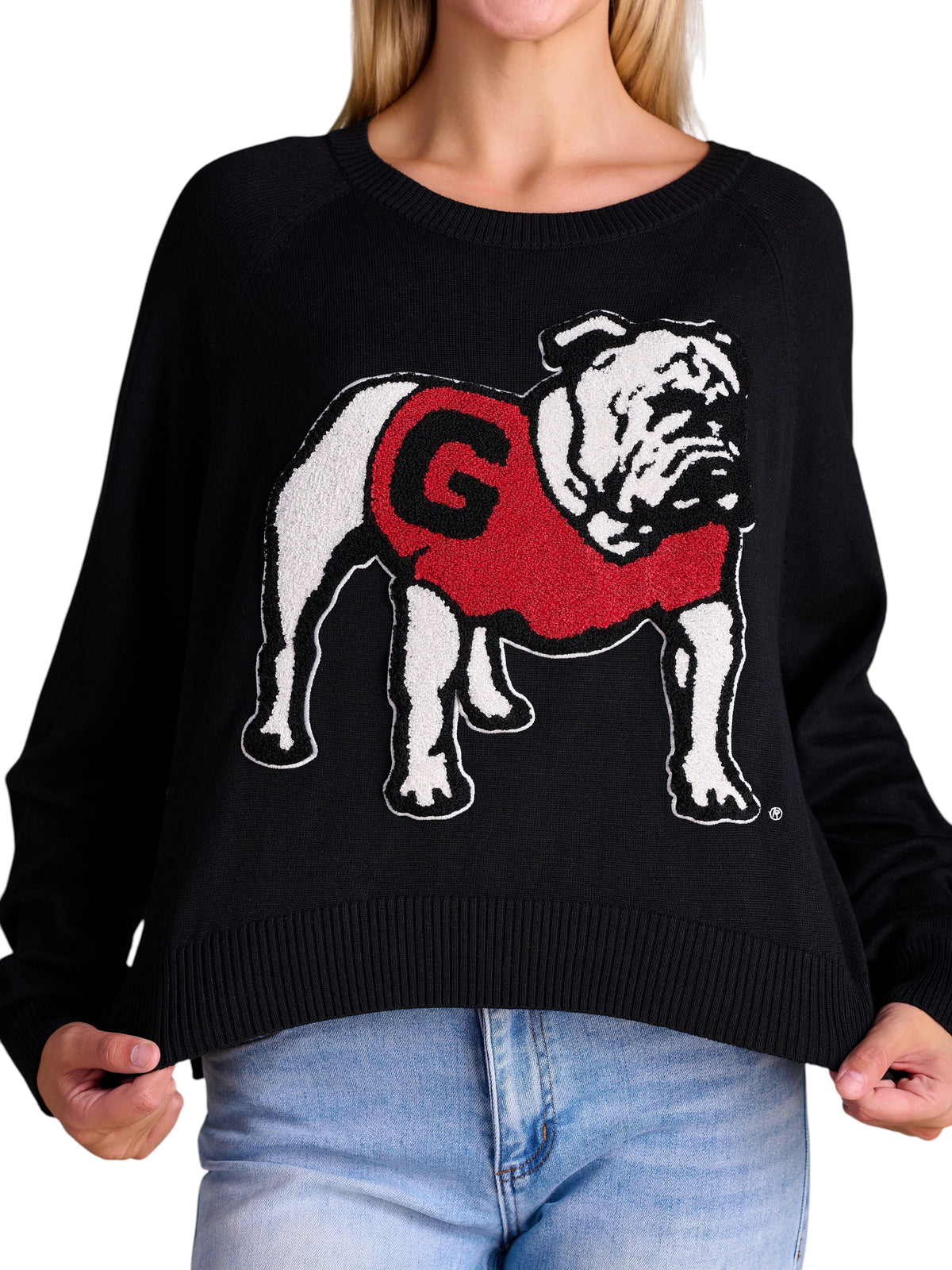 Miller Collective black chenille sweater featuring a Georgia bulldog emblem with red and white details