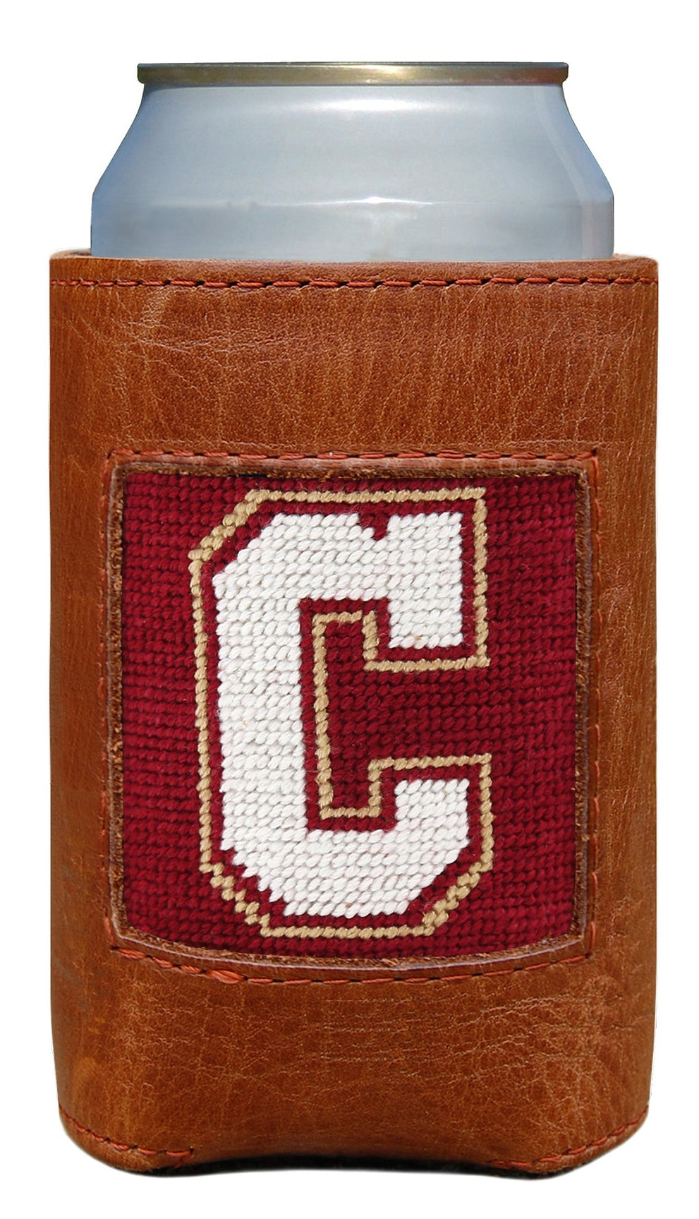 Brown leather can cooler with a red and white 'C' design on a white background