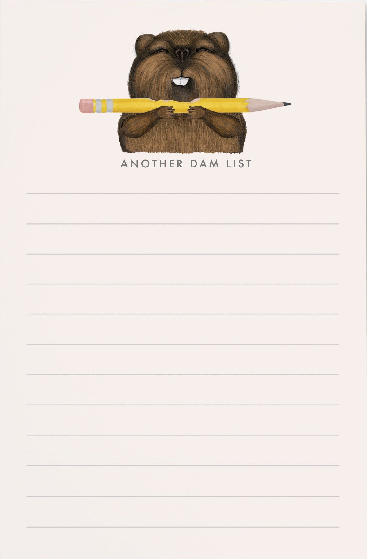 Notepad with a bear illustration holding a pencil and a small packet of gold seed on a white background.