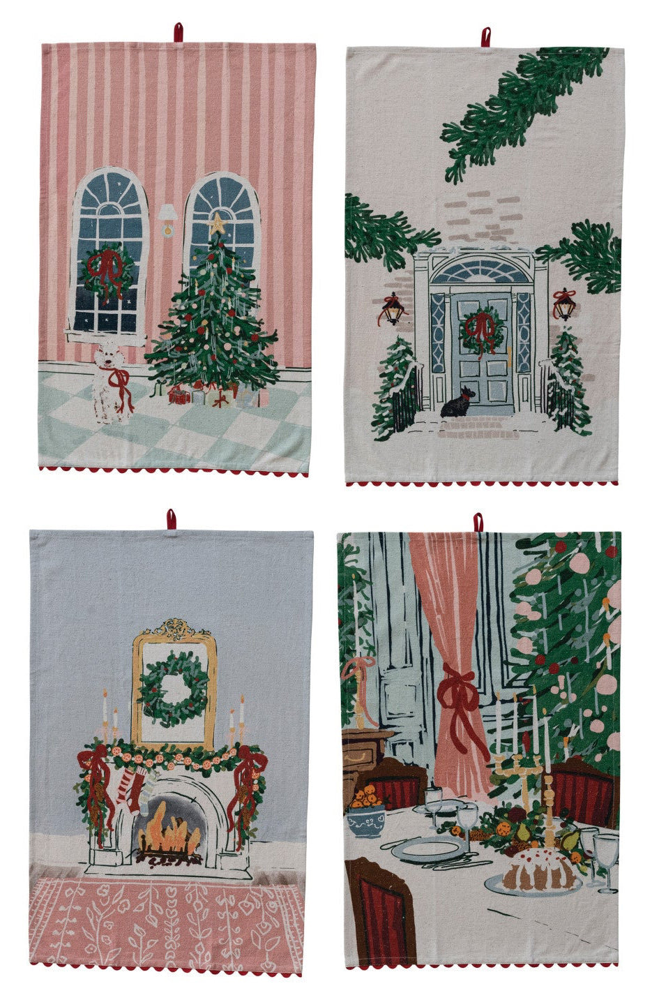 Four Christmas-themed kitchen towels with different festive scenes on a white background.