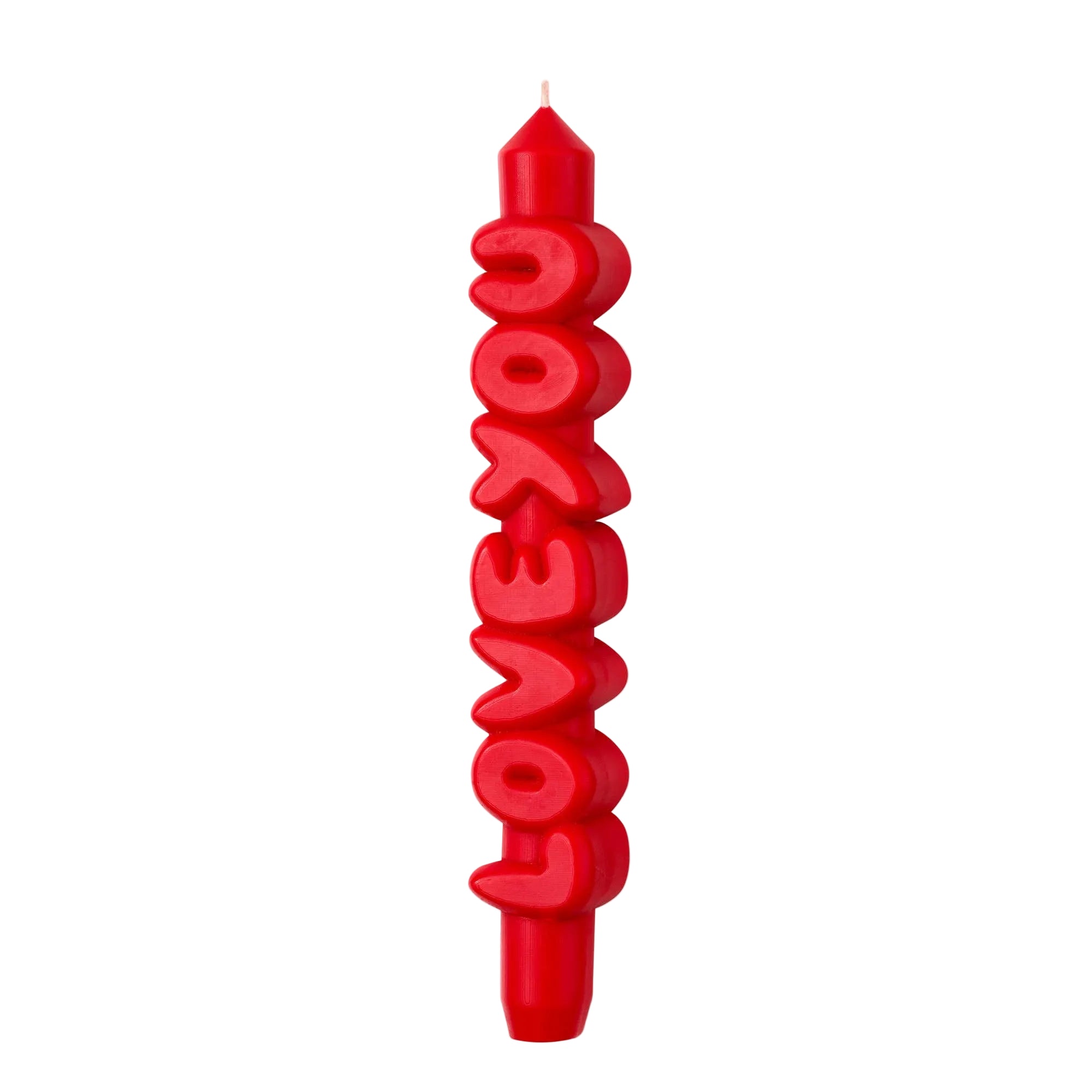 Red candle with 'I LOVE YOU' text on a white background