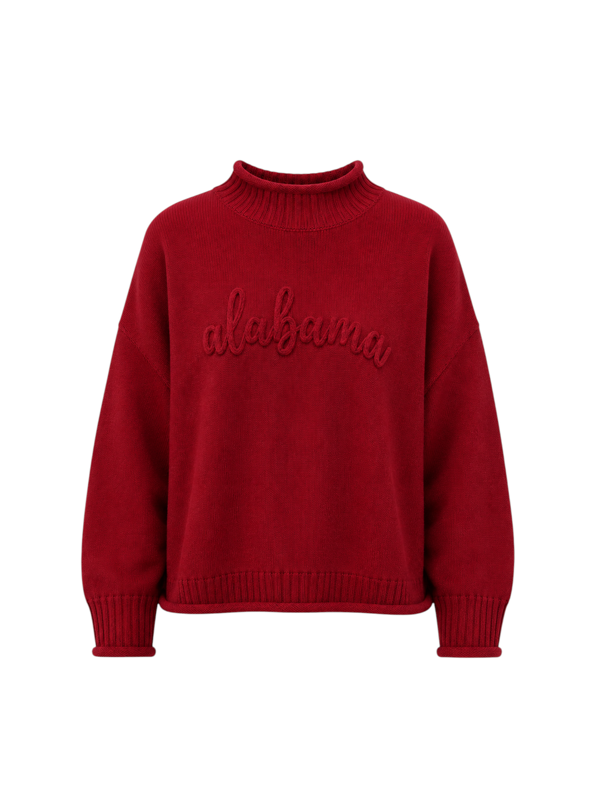 Miller Collective crimson mockneck sweater with tonal Alabama script embroidery and ribbed cuffs.