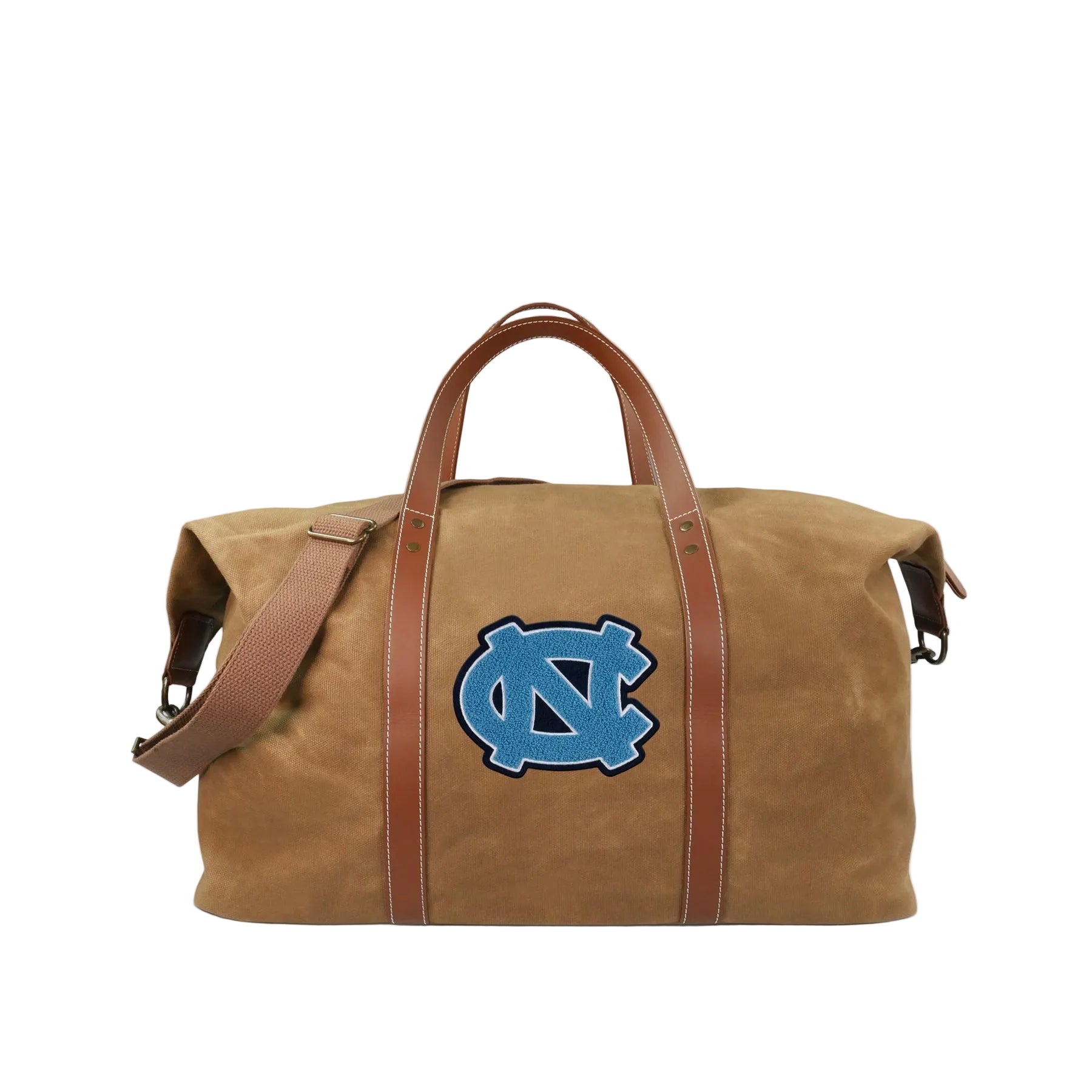 Brown duffel bag with a blue UNC logo on a light gray background