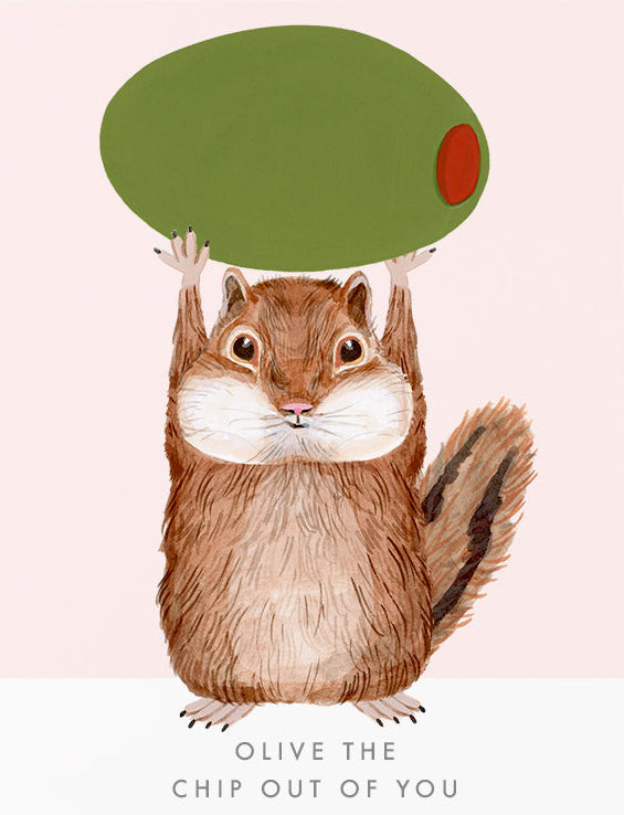 Illustration of a chipmunk holding an olive on a pink background
