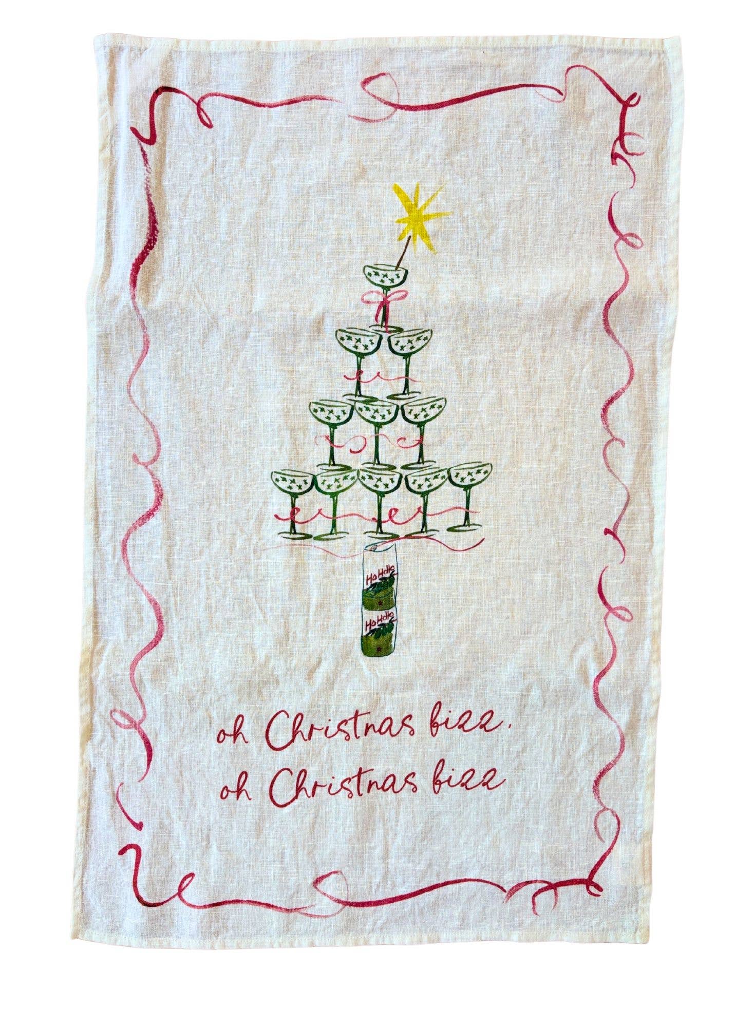 Oh Christmas Fizz Champagne Christmas Tree Linen Teatowel