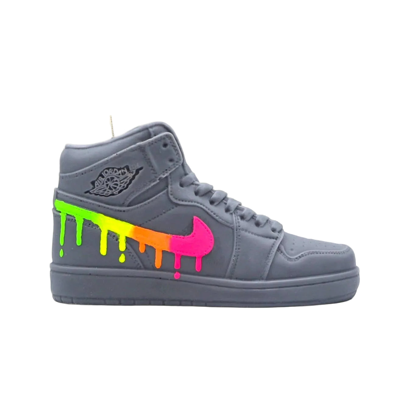Gray high-top sneaker with colorful Nike logo 