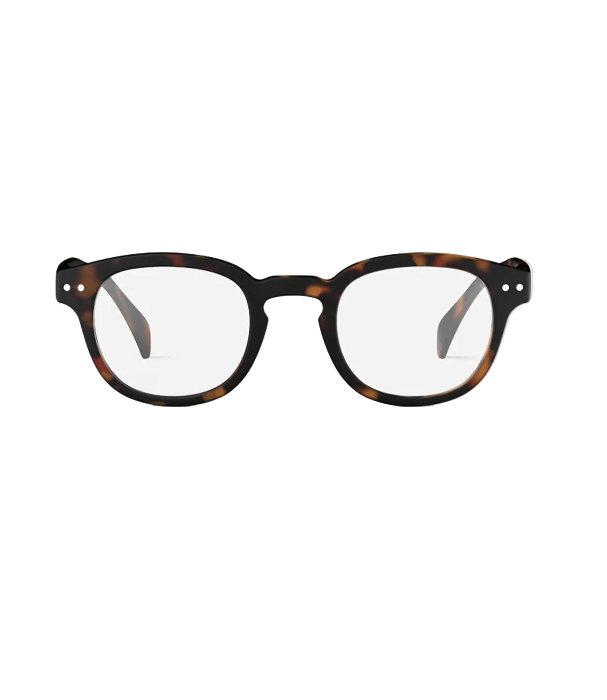 Round eyeglasses with a tortoiseshell pattern on a white background