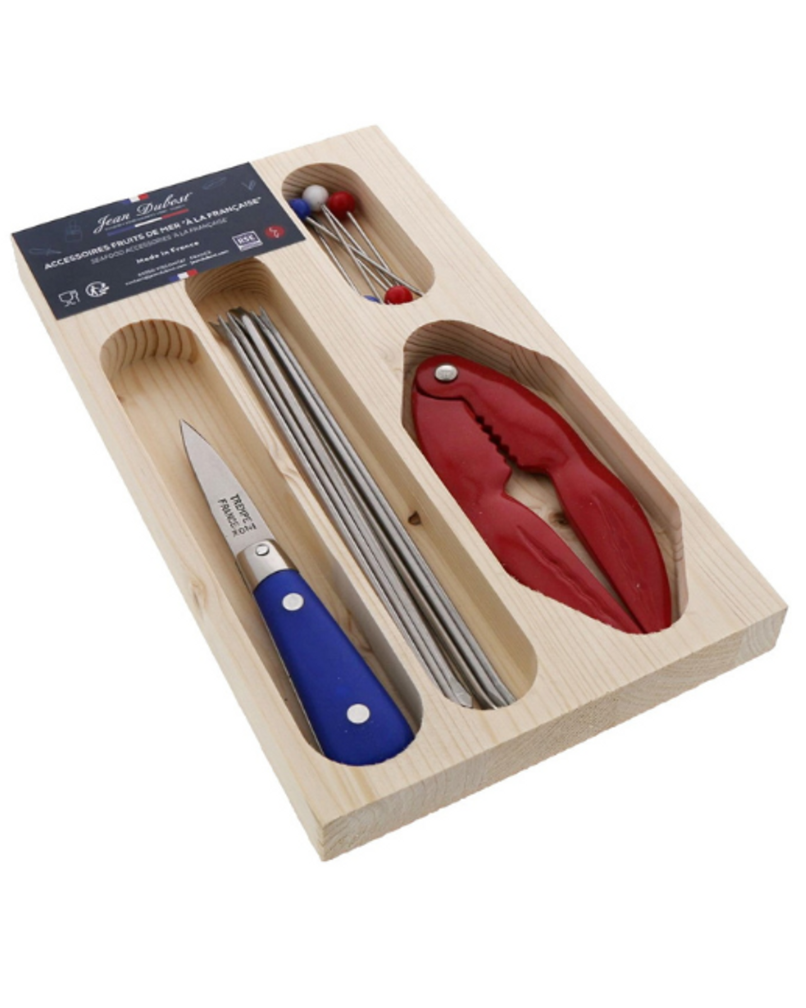 Set of crab cracking tools including a knife, crackers, and a cracker in a wooden box on a white background.