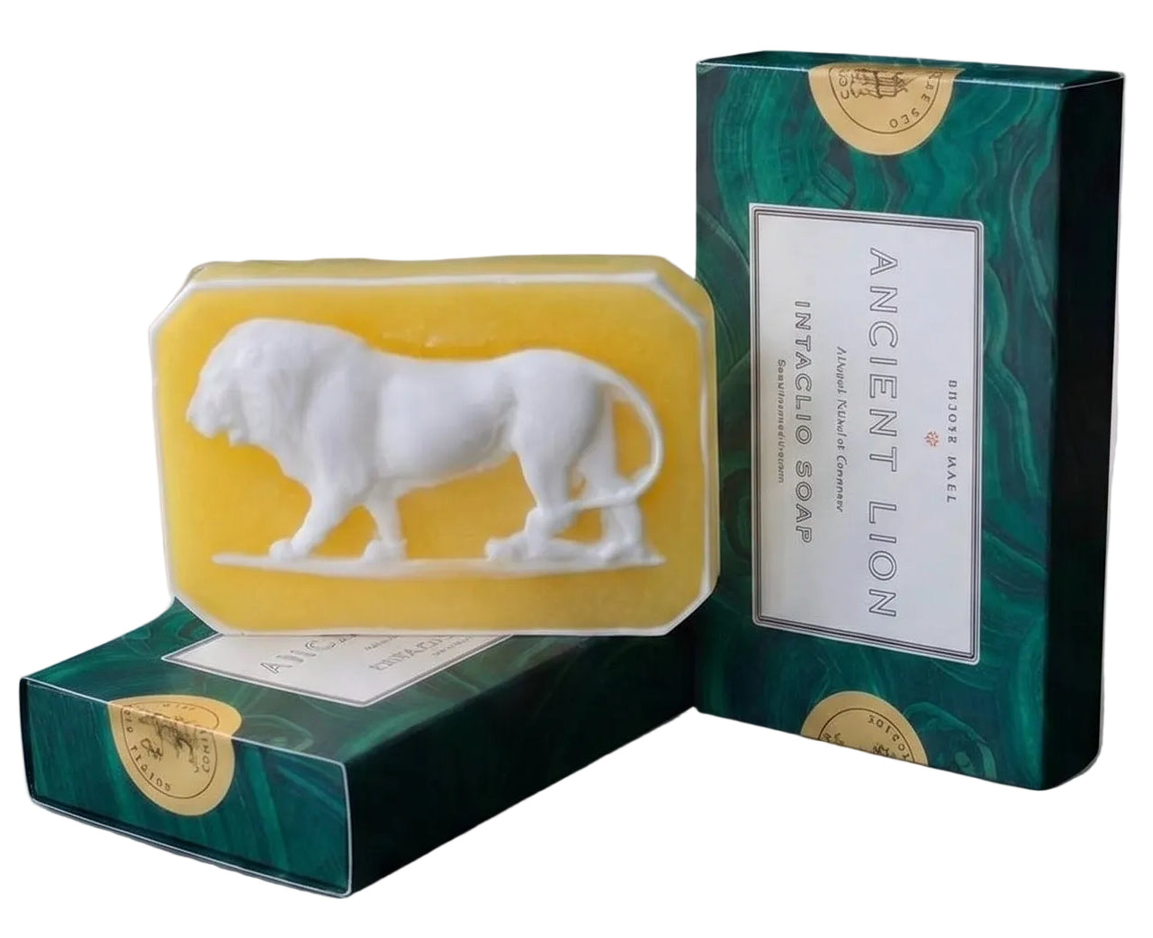 Bar of soap with a lion design and packaging on a marble surface