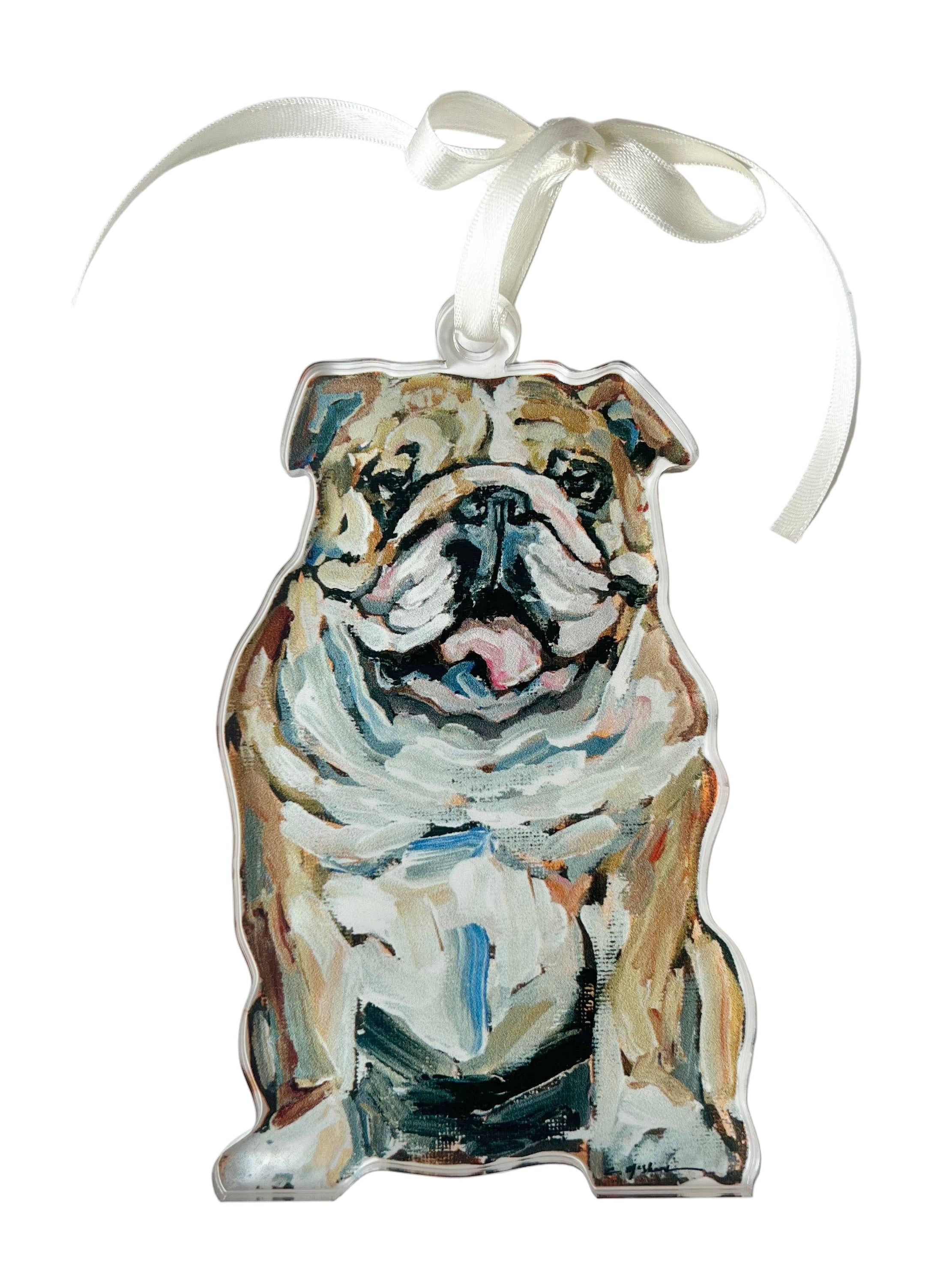 Decorative bulldog ornament with a ribbon on a white background