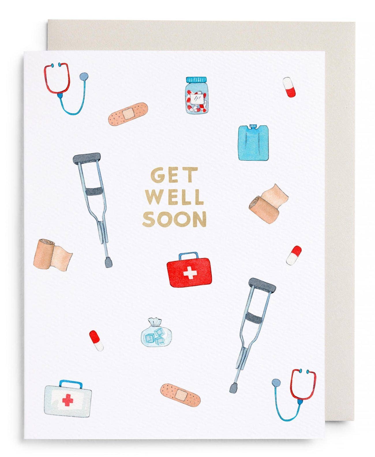 Greeting card with medical illustrations and 'Get Well Soon' text on a white background