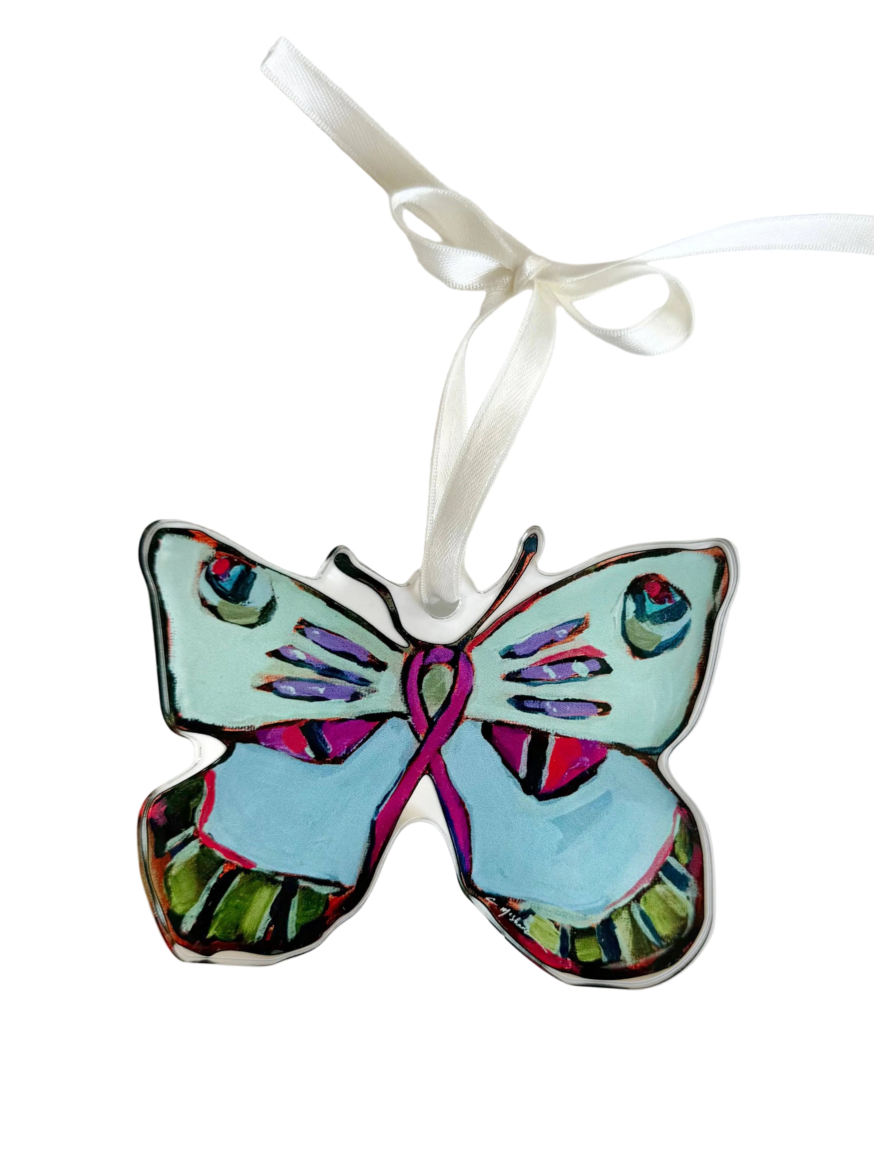 Colorful butterfly ornament with a white ribbon on a light gray background