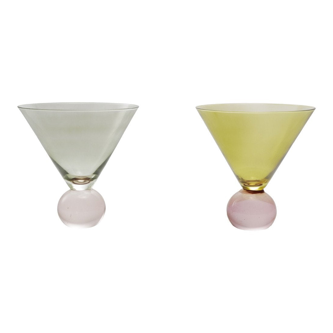 Two cocktail glasses with pink bases and colored tops on a white background