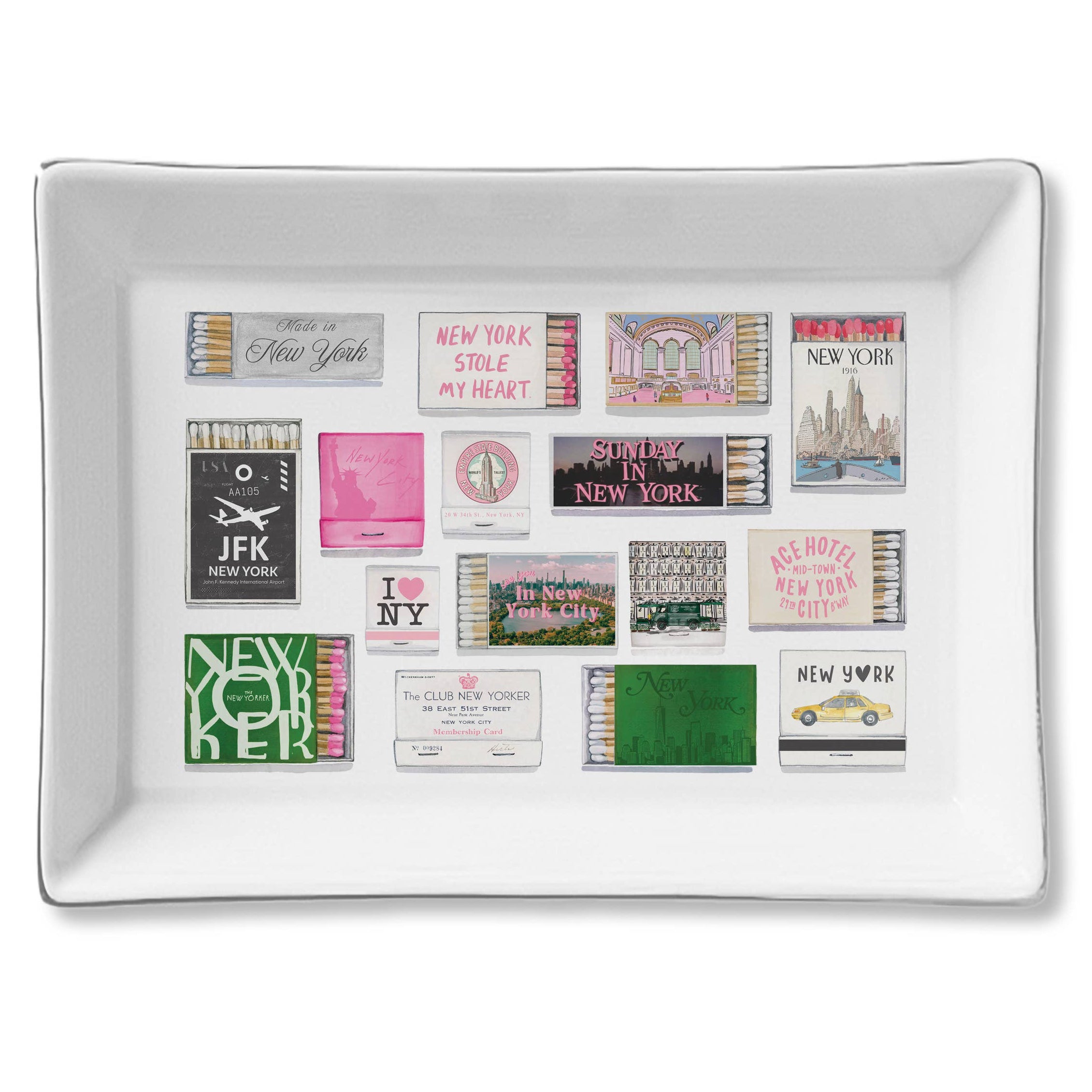 Decorative tray with New York-themed designs on a white background