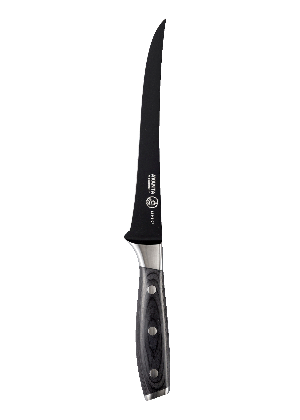 Black kitchen knife with a visible brand logo on a white background
